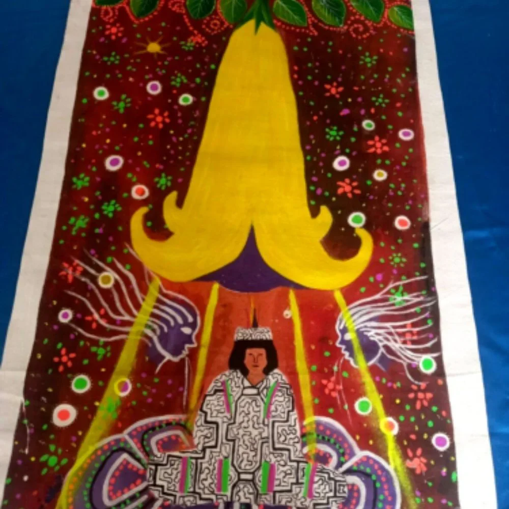 Oil on canvas Peruvian floripondio flower and shaman 30 x 18 inches